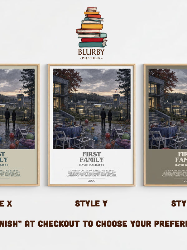 First Family bookish print in frame leaning in hallway – thriller wall art