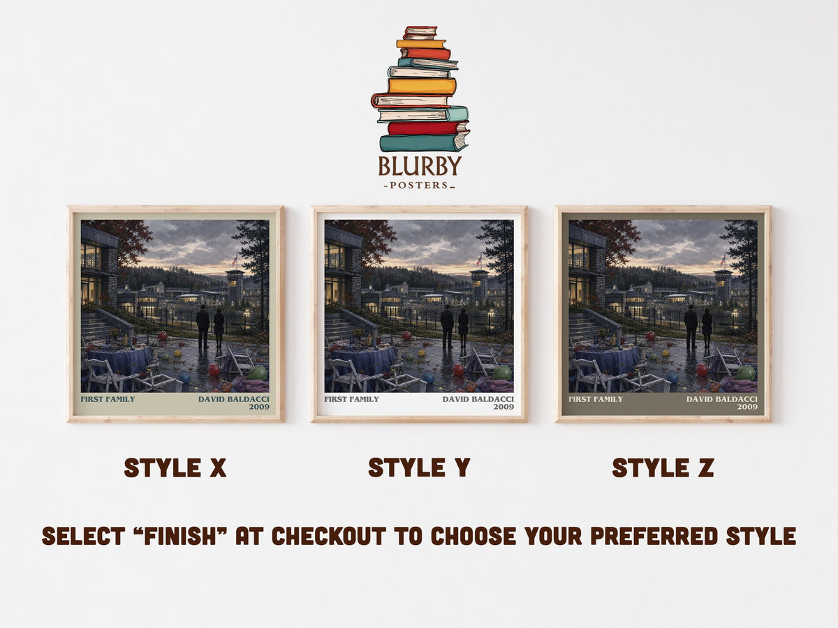 First Family literary print in frame leaning in hallway – thriller wall art (mockup)
