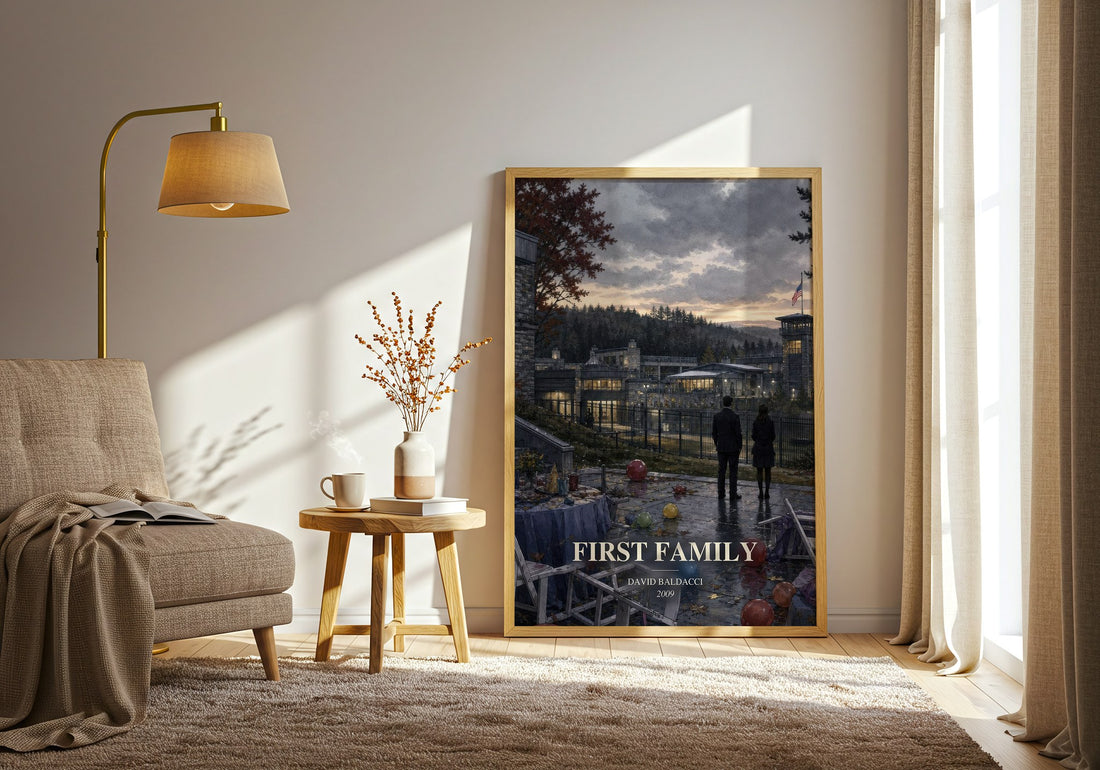 First Family watercolour print in frame leaning in hallway – thriller wall art (mockup)