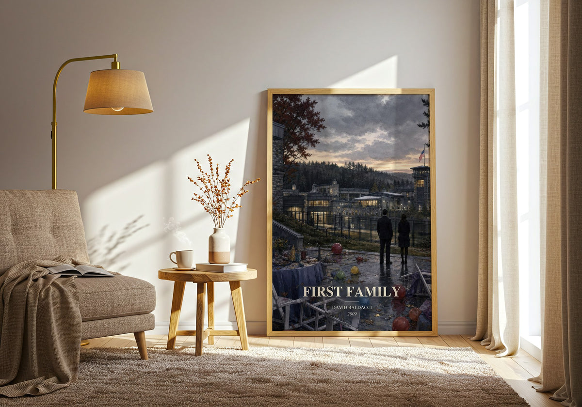 First Family watercolour print in frame leaning in hallway – thriller wall art (mockup)