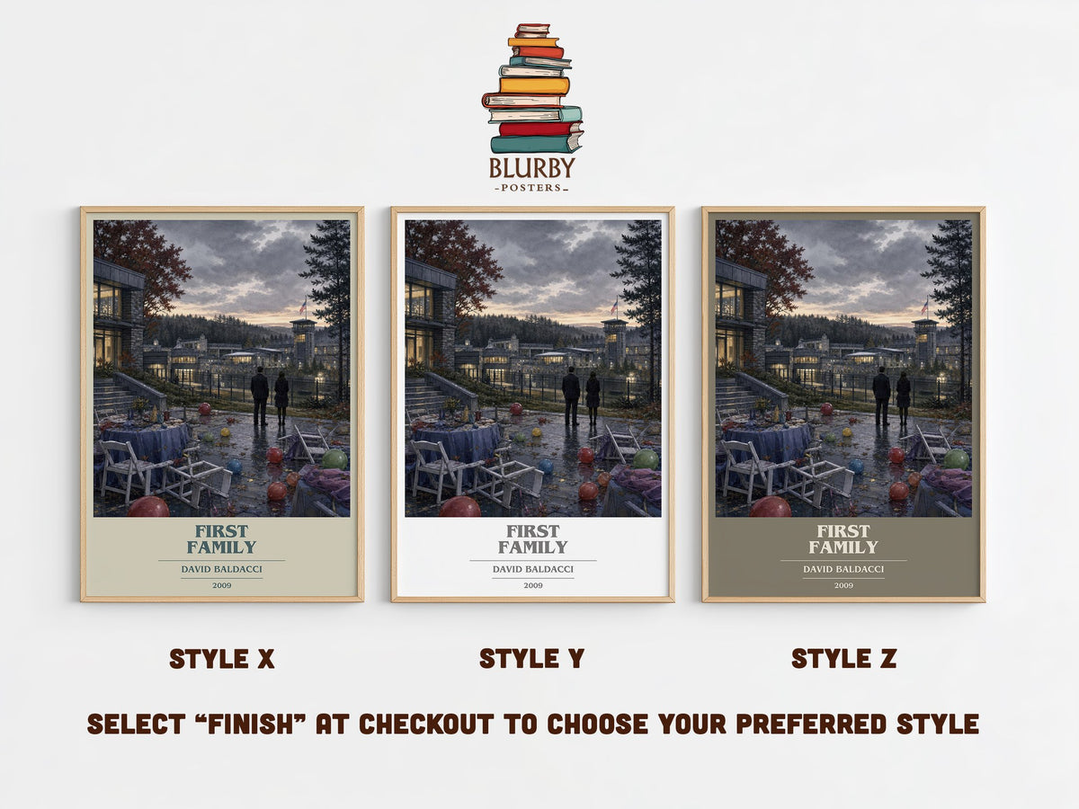 First Family book cover print in frame leaning in hallway – thriller wall art (mockup)