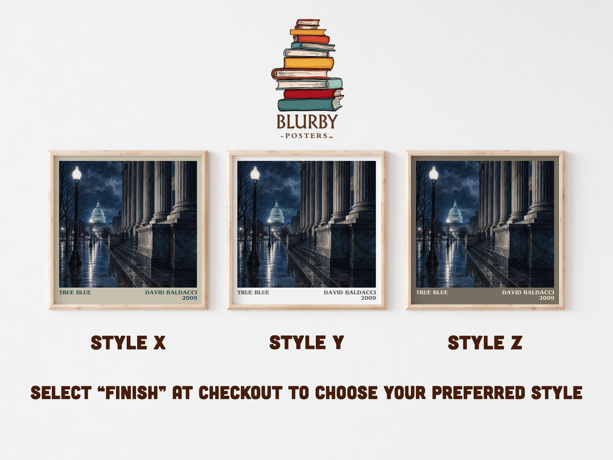 True Blue literary print in frame leaning in hallway – legal thriller wall art (mockup)