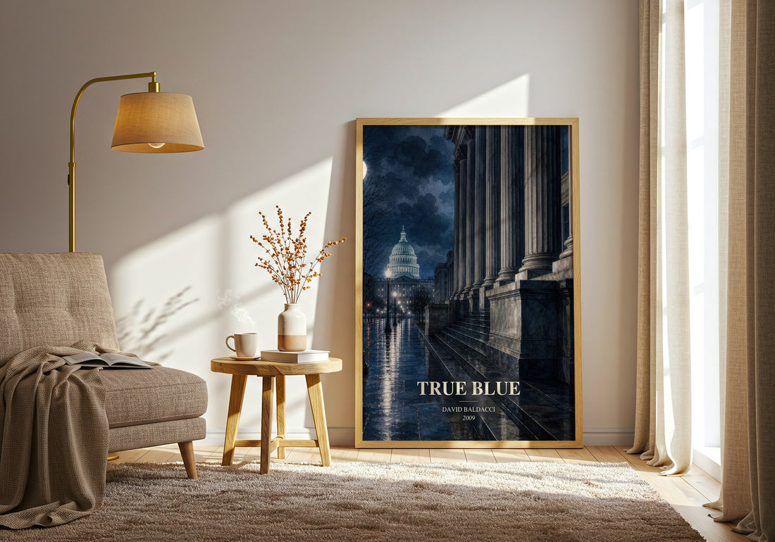 True Blue watercolour print in frame leaning in hallway – legal thriller wall art