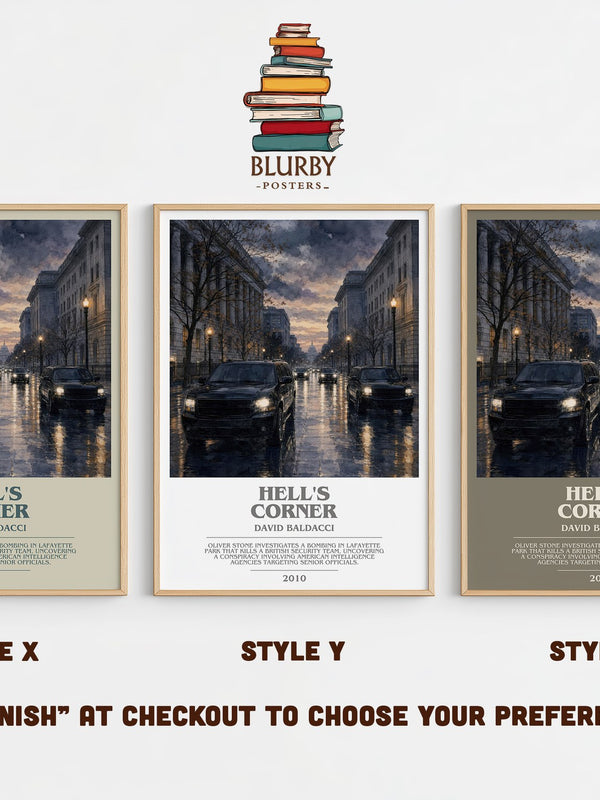 Hell's Corner bookish print in frame leaning in hallway – thriller wall art
