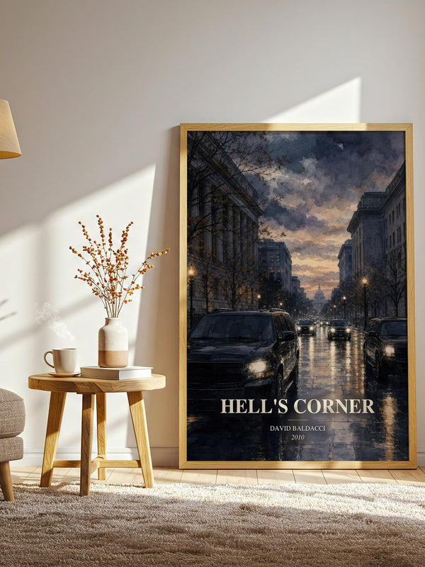 Hell's Corner watercolour print in frame leaning in hallway – thriller wall art