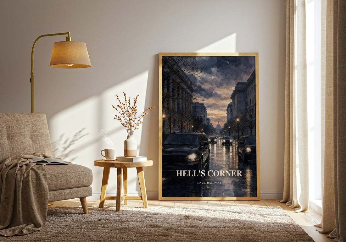 Hell's Corner watercolour print in frame leaning in hallway – thriller wall art (mockup)