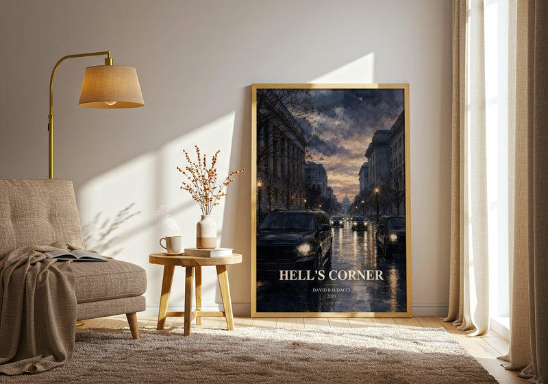 Hell's Corner watercolour print in frame leaning in hallway – thriller wall art