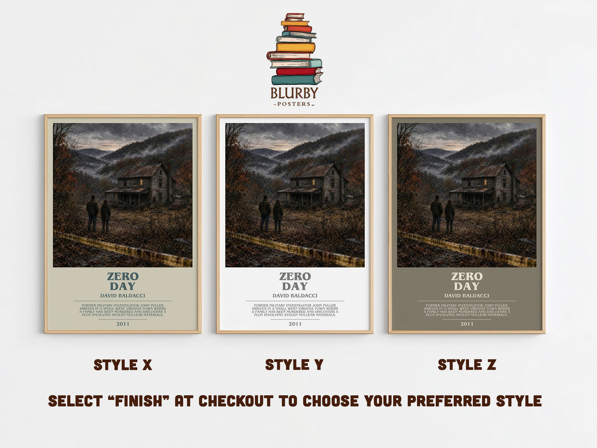 Zero Day bookish print in frame leaning in hallway – thriller wall art (mockup)