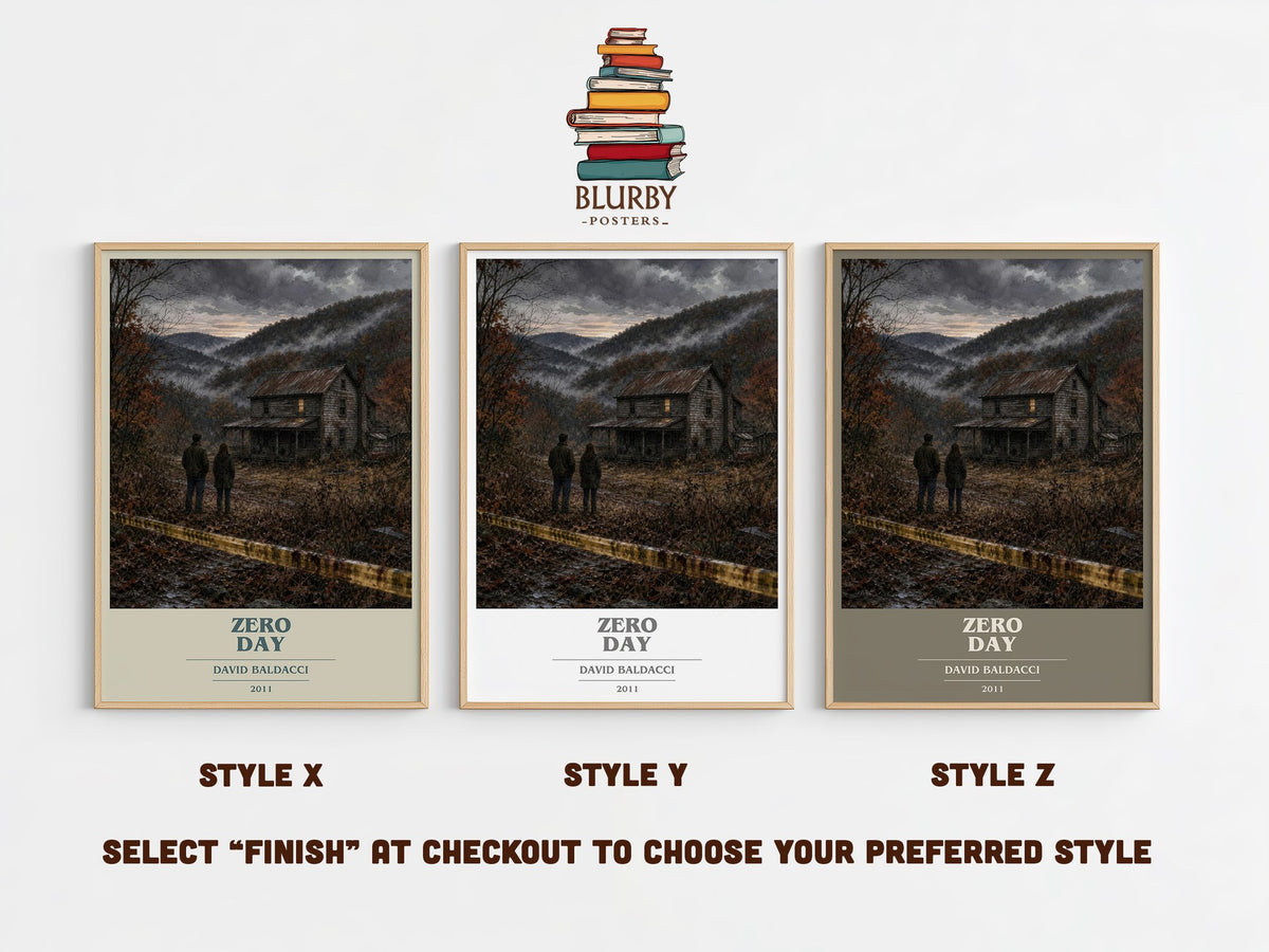 Zero Day book cover print in frame leaning in hallway – thriller wall art (mockup)