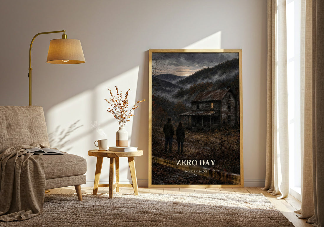 Zero Day watercolour print in frame leaning in hallway – thriller wall art (mockup)