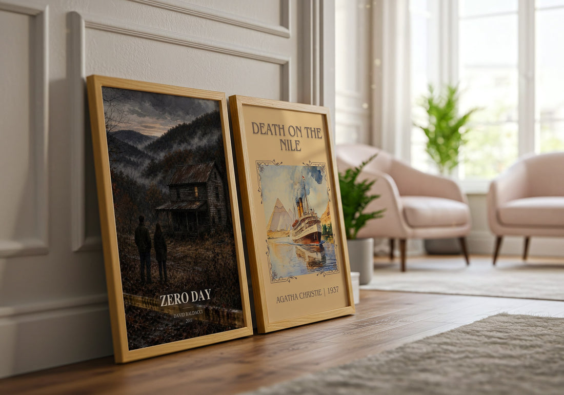 Zero Day watercolour print framed by window – literary home decor