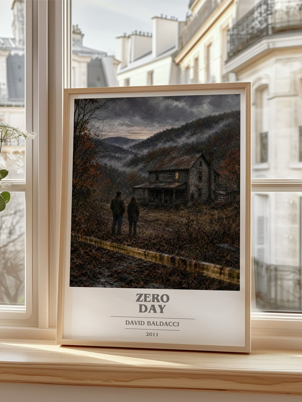 Zero Day Book Cover Poster by David Baldacci – framed print by a bright window