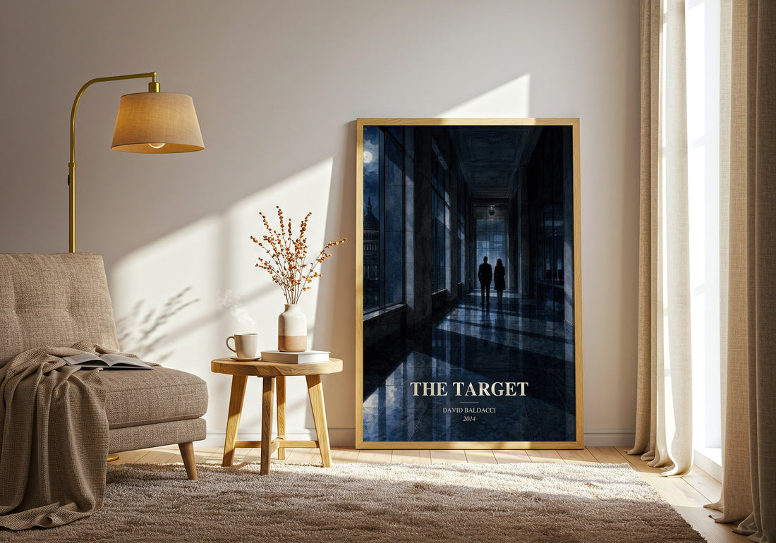 The Target watercolour print in frame leaning in hallway – thriller wall art (mockup)