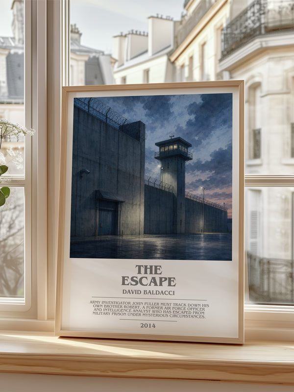 The Escape Bookish Wall Art by David Baldacci – framed print by a bright window