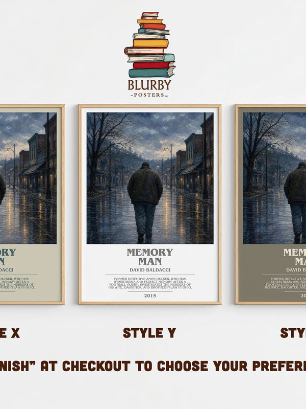 Memory Man bookish print in frame leaning in hallway – thriller wall art