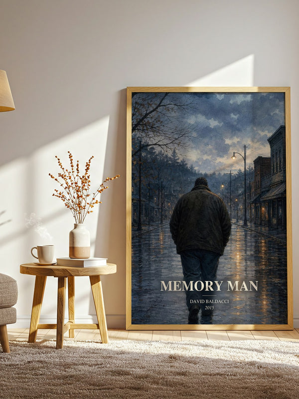 Memory Man watercolour print in frame leaning in hallway – thriller wall art