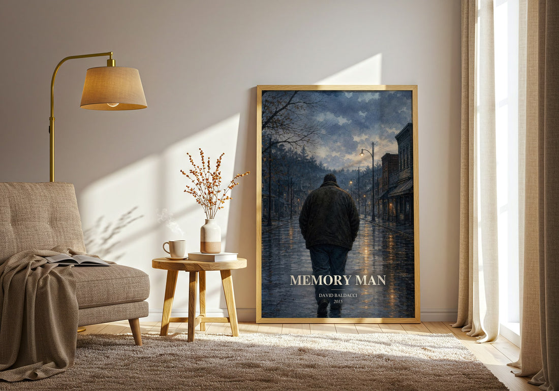 Memory Man watercolour print in frame leaning in hallway – thriller wall art (mockup)