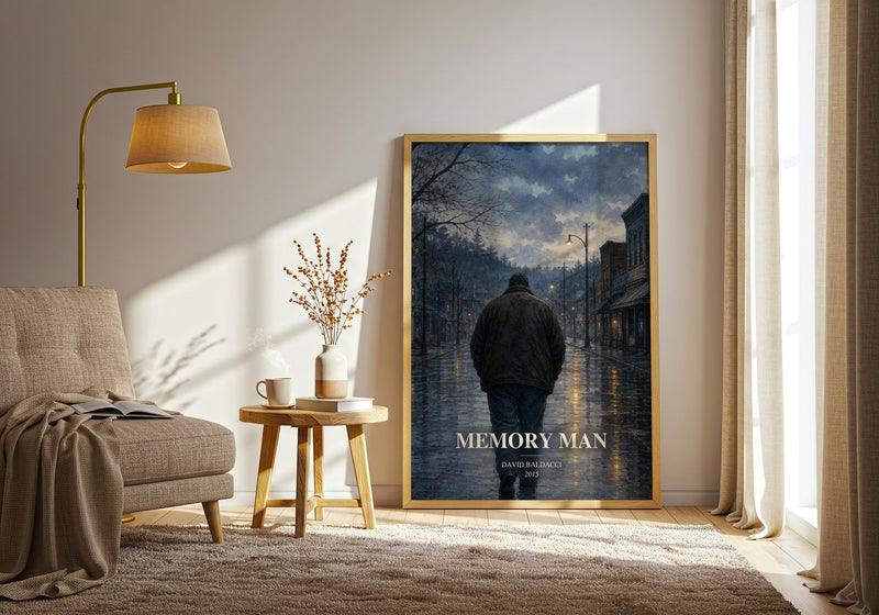 Memory Man watercolour print in frame leaning in hallway – thriller wall art