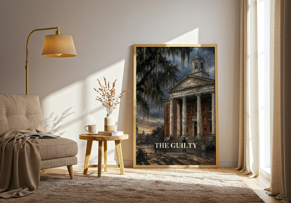 The Guilty watercolour print in frame leaning in hallway – legal thriller wall art (mockup)