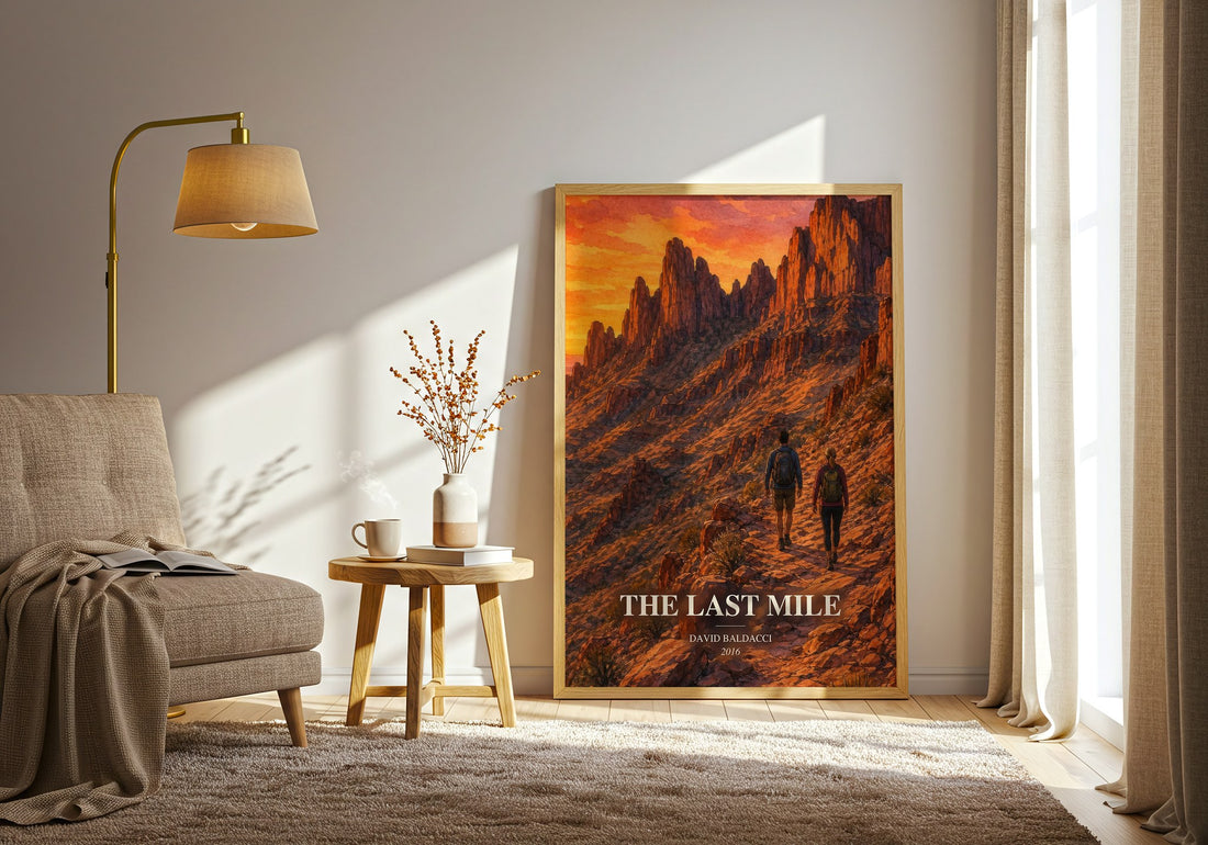 The Last Mile watercolour print in frame leaning in hallway – legal thriller wall art (mockup)