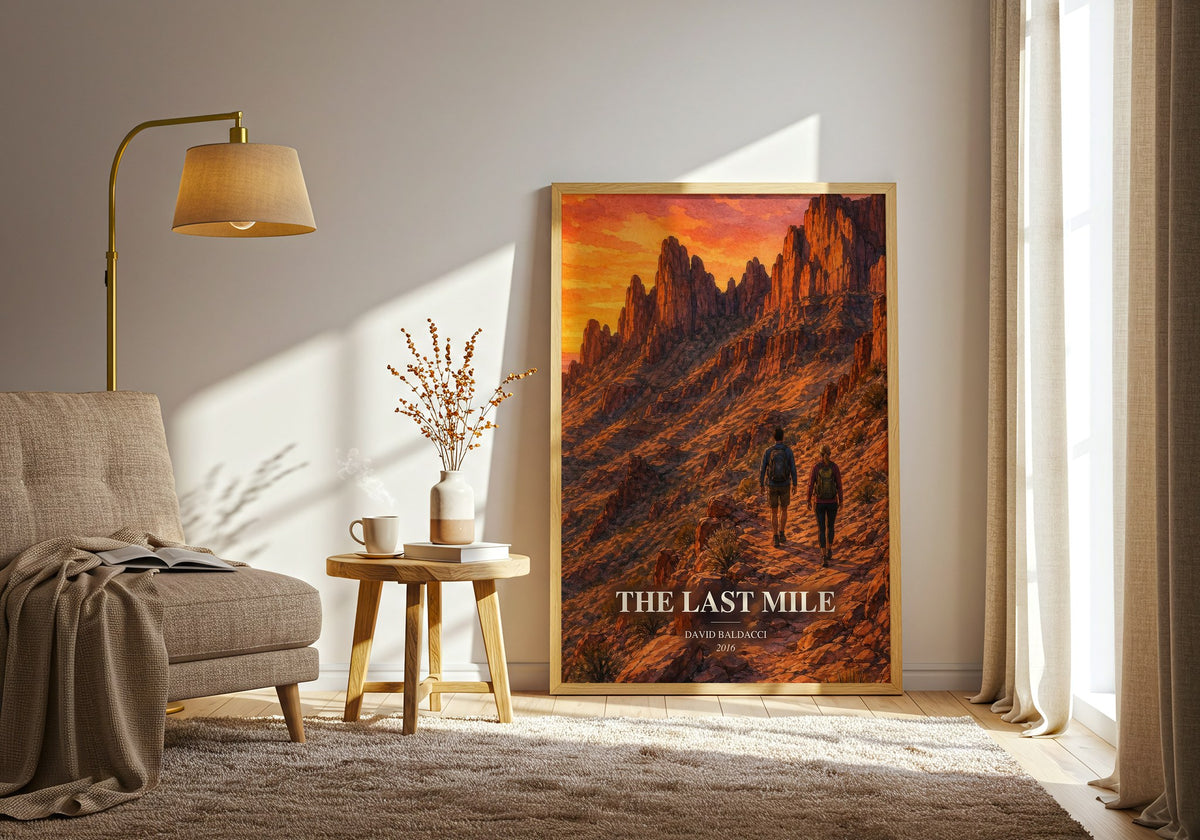 The Last Mile watercolour print in frame leaning in hallway – legal thriller wall art (mockup)