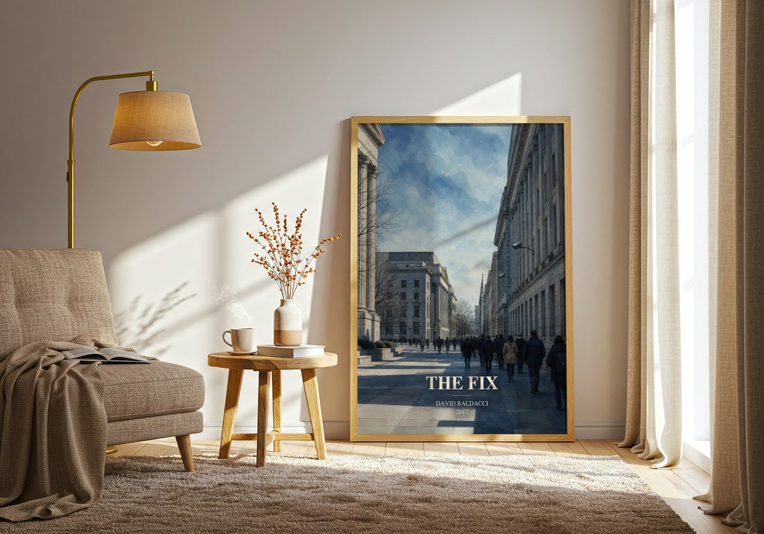 The Fix watercolour print in frame leaning in hallway – thriller wall art (mockup)