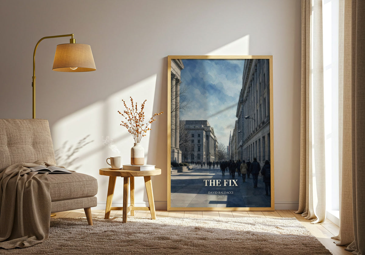 The Fix watercolour print in frame leaning in hallway – thriller wall art (mockup)