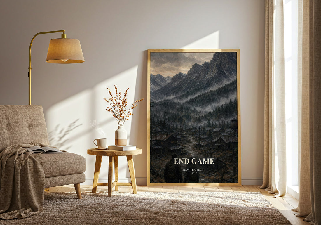 End Game watercolour print in frame leaning in hallway – thriller wall art (mockup)