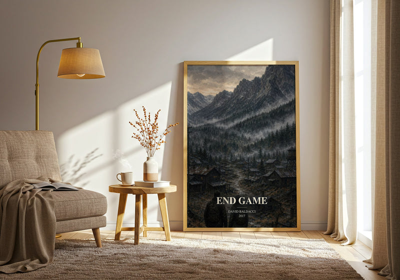 End Game watercolour print in frame leaning in hallway – thriller wall art