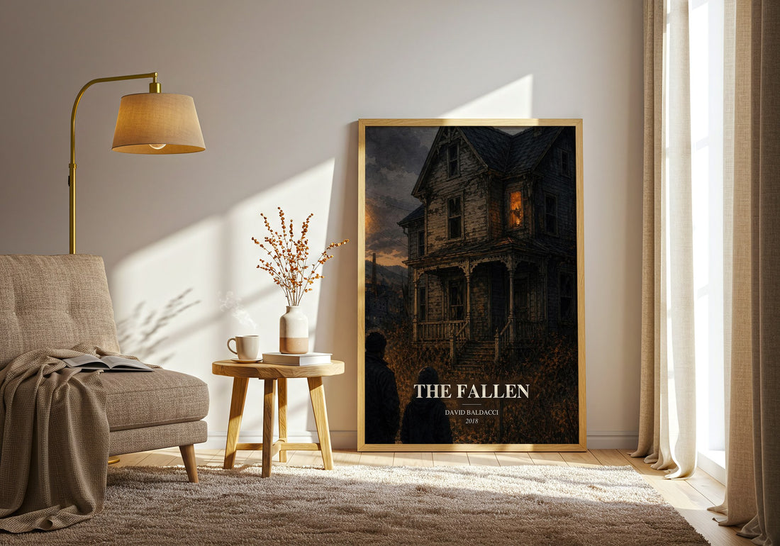 The Fallen watercolour print in frame leaning in hallway – thriller wall art (mockup)