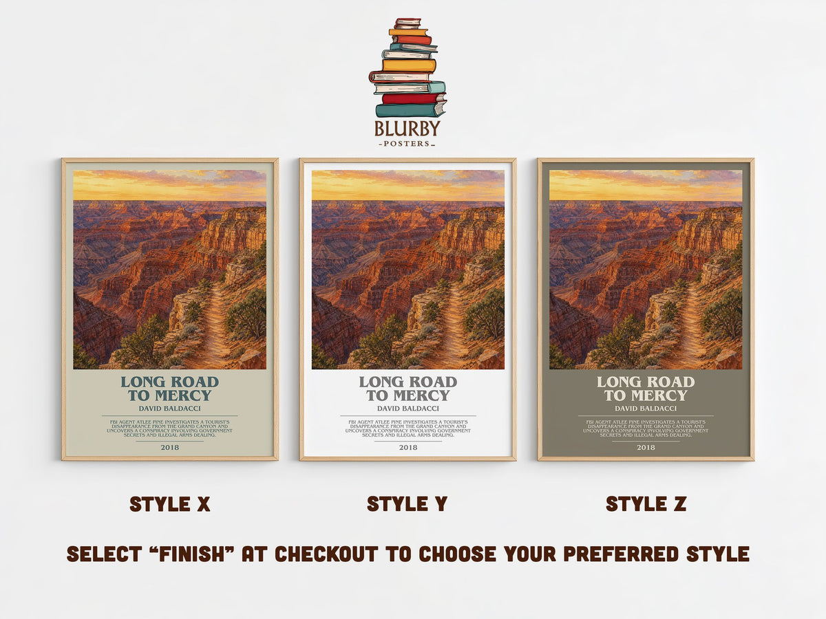 Long Road to Mercy bookish print in frame leaning in hallway – thriller wall art (mockup)