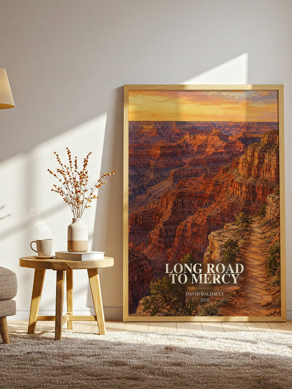 Long Road to Mercy watercolour print in frame leaning in hallway – thriller wall art