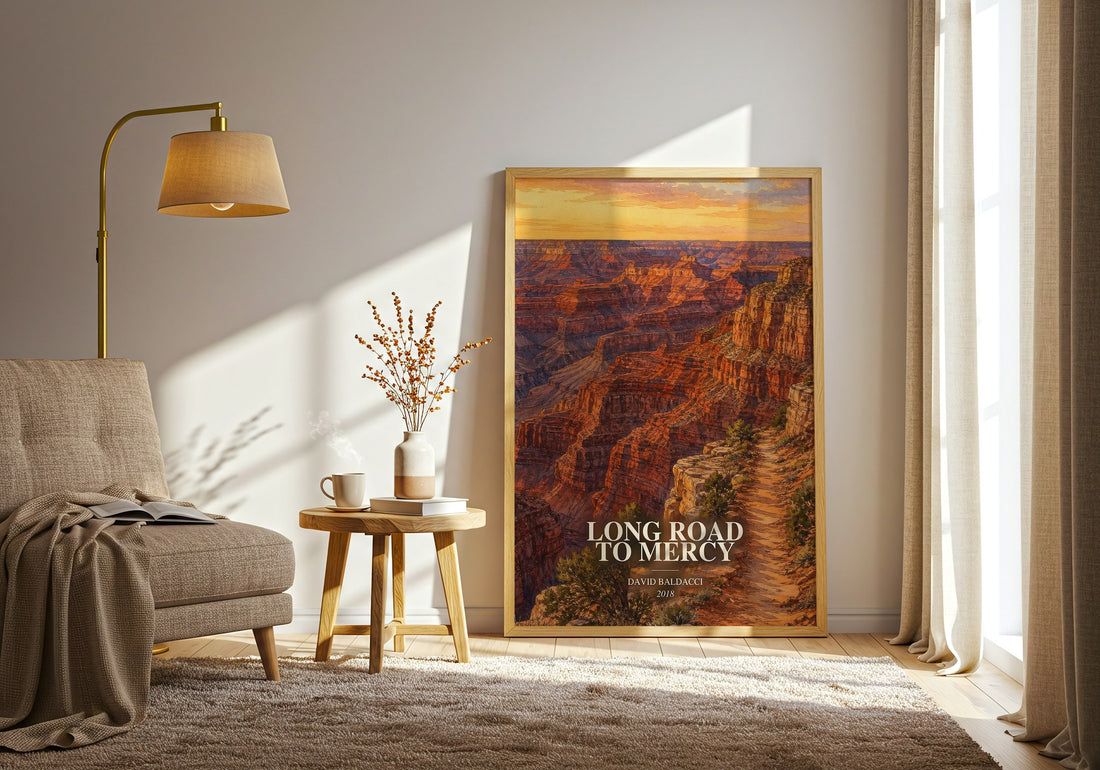 Long Road to Mercy watercolour print in frame leaning in hallway – thriller wall art (mockup)