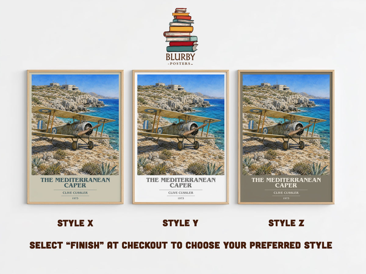The Mediterranean Caper book cover print in frame leaning in hallway – adventure wall art (mockup)