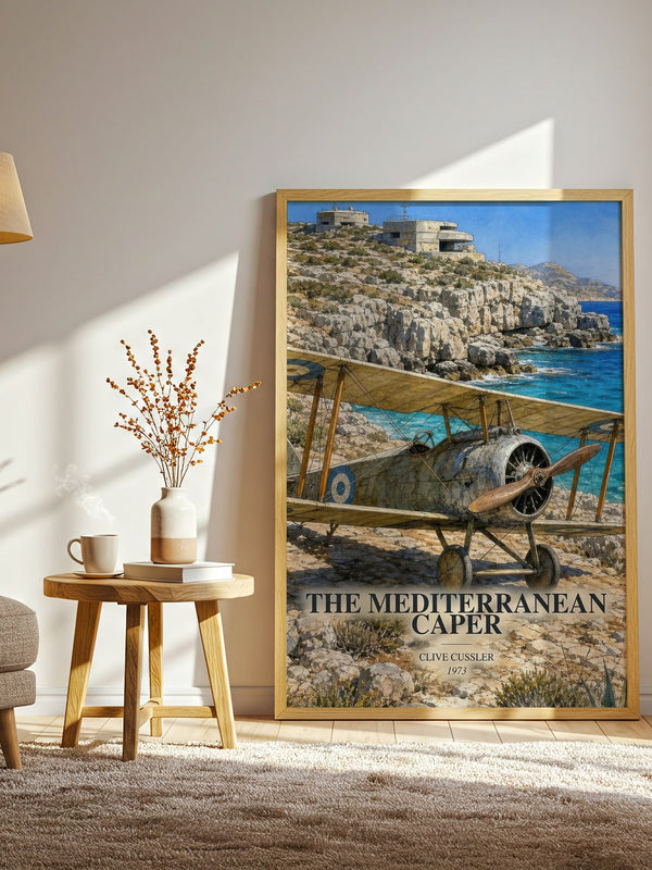 The Mediterranean Caper watercolour print in frame leaning in hallway – adventure wall art