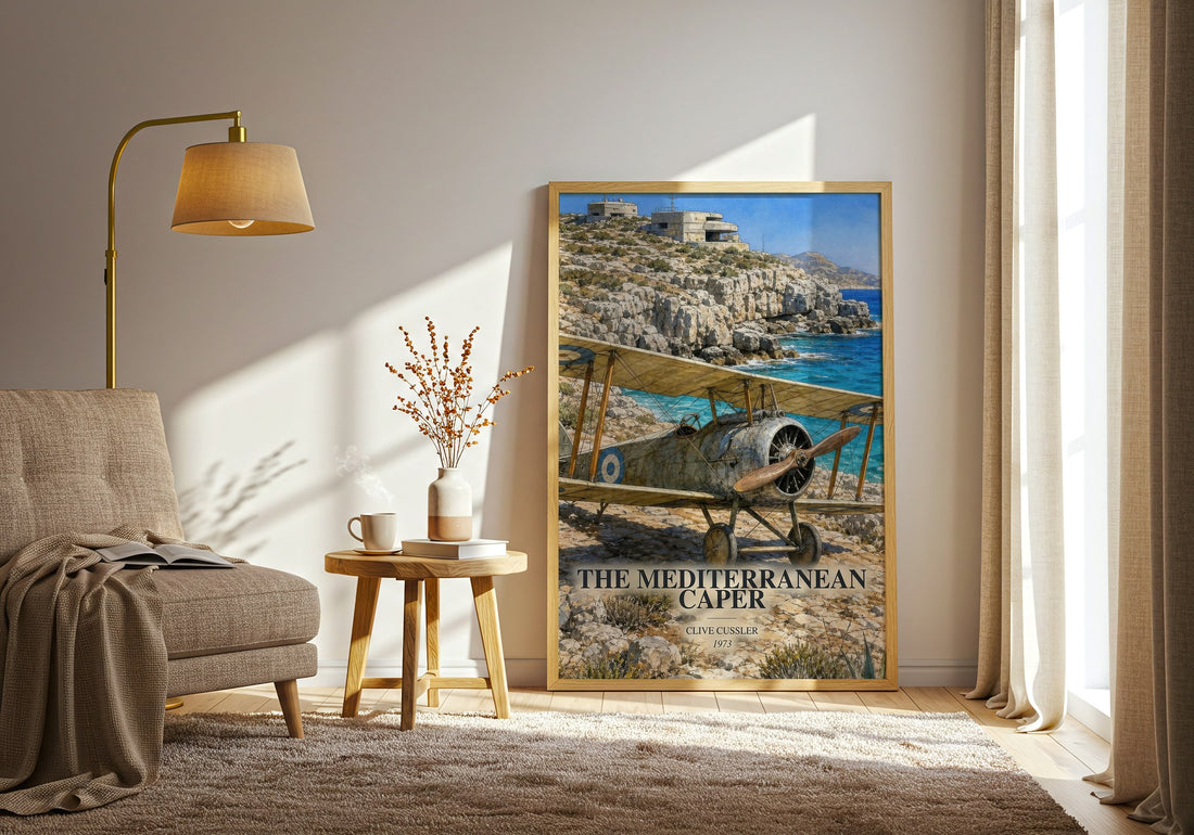 The Mediterranean Caper watercolour print in frame leaning in hallway – adventure wall art (mockup)