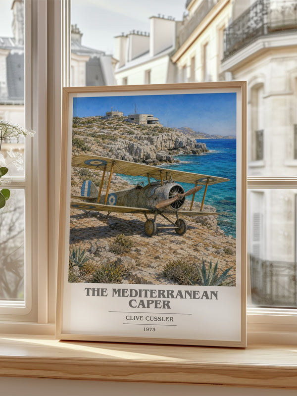 The Mediterranean Caper Book Cover Poster by Clive Cussler – framed print by a bright window