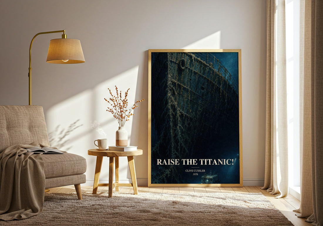 Raise the Titanic! watercolour print in frame leaning in hallway – thriller wall art (mockup)