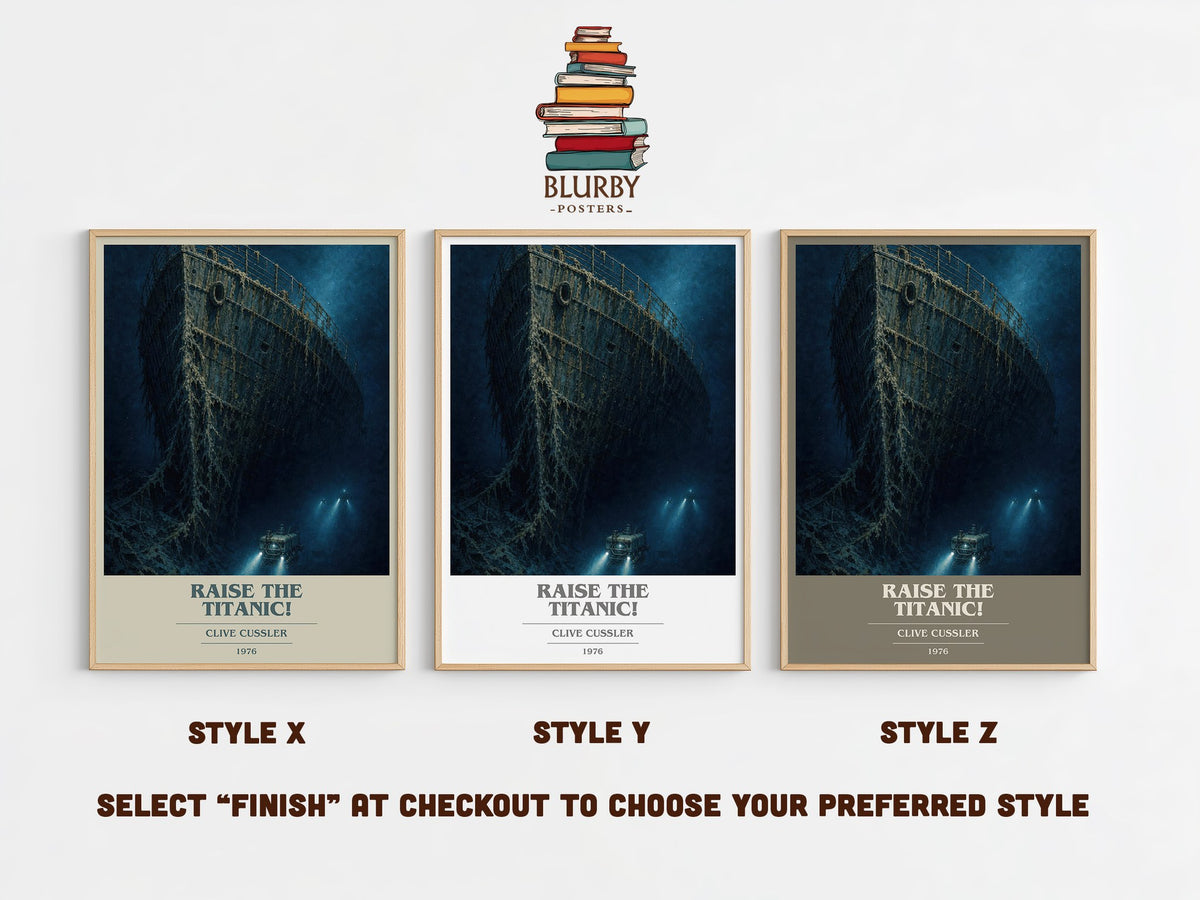 Raise the Titanic! book cover print in frame leaning in hallway – thriller wall art (mockup)