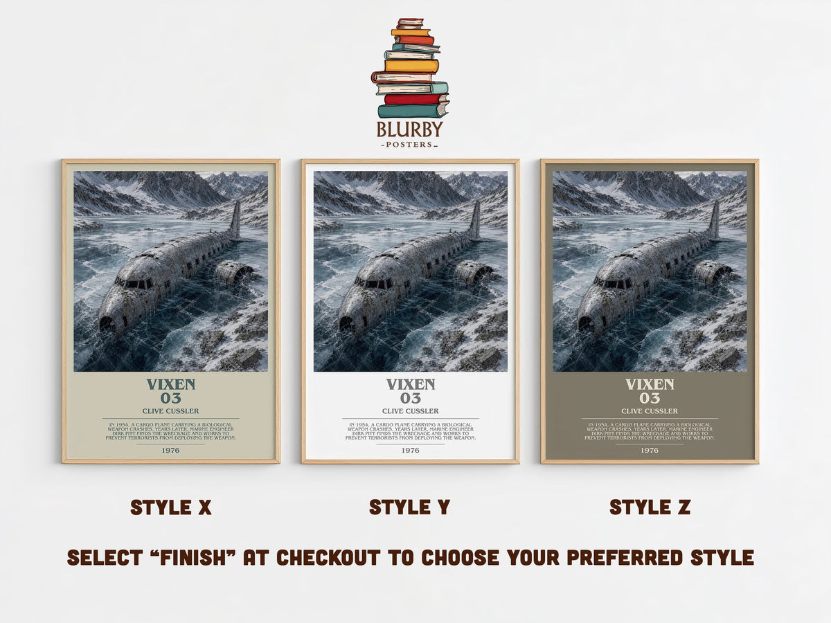 Vixen 03 bookish print in frame leaning in hallway – thriller wall art (mockup)