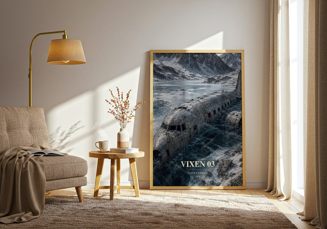 Vixen 03 watercolour print in frame leaning in hallway – thriller wall art (mockup)