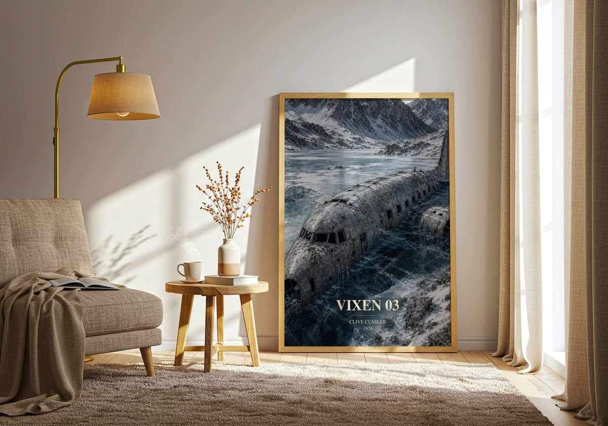 Vixen 03 watercolour print in frame leaning in hallway – thriller wall art (mockup)