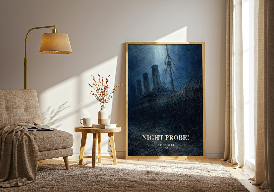 Night Probe! watercolour print in frame leaning in hallway – adventure wall art (mockup)