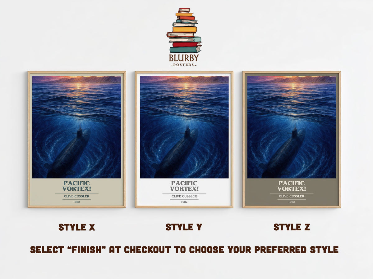 Pacific Vortex! book cover print in frame leaning in hallway – adventure wall art (mockup)