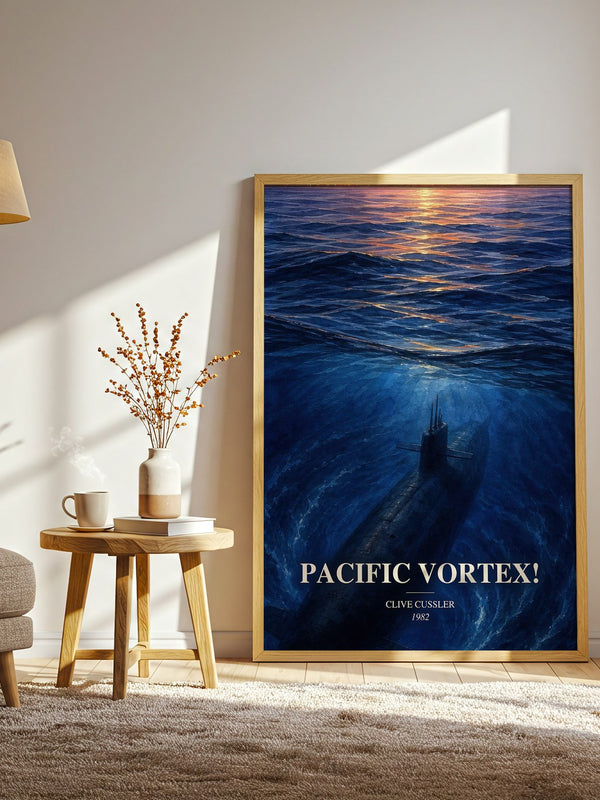Pacific Vortex! watercolour print in frame leaning in hallway – adventure wall art