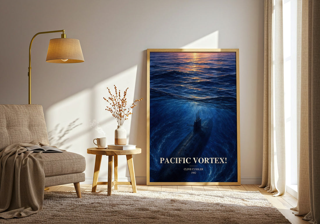 Pacific Vortex! watercolour print in frame leaning in hallway – adventure wall art