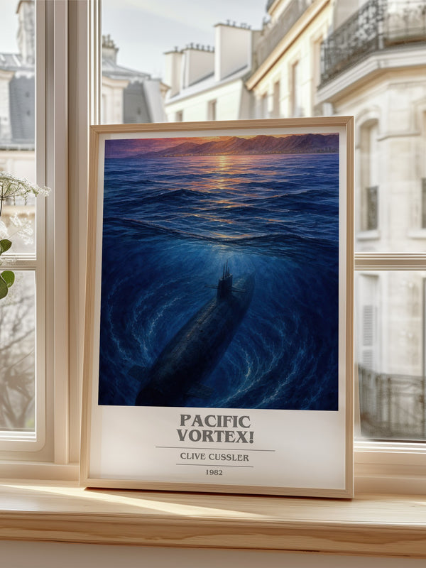 Pacific Vortex! Book Cover Poster by Clive Cussler – framed print by a bright window