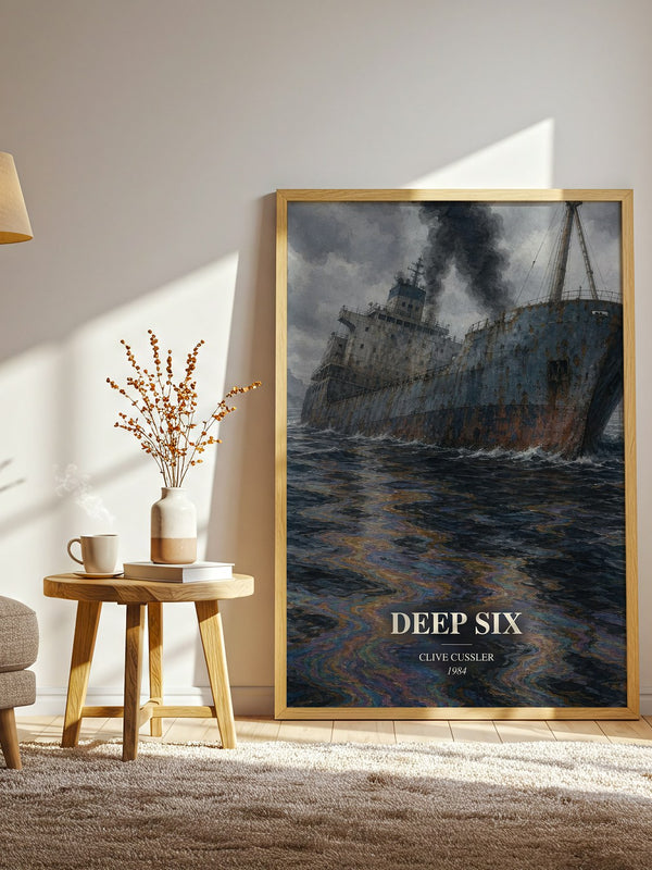 Deep Six watercolour print in frame leaning in hallway – thriller wall art
