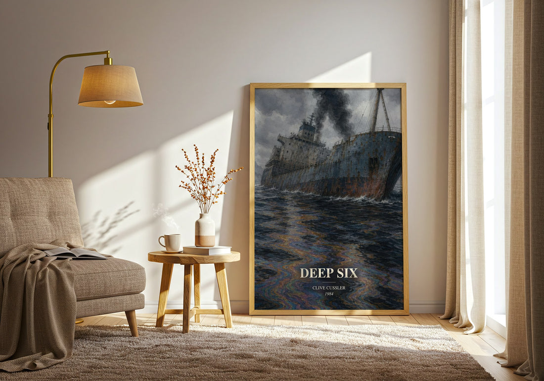 Deep Six watercolour print in frame leaning in hallway – thriller wall art (mockup)