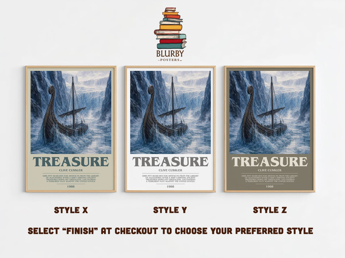 Treasure bookish print in frame leaning in hallway – thriller wall art (mockup)